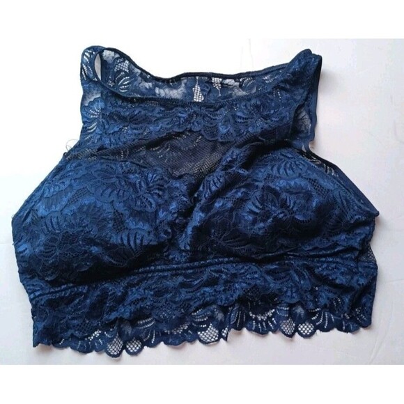 Pure Beauty Rene Rofe Bralette Size 3X Navy Blue Lace Wireless Lounge Bra - Picture 2 of 5